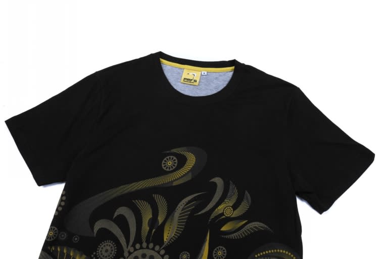 A black cotton t-shirt featuring intricate yellow and grey designs, along with a visible logo.