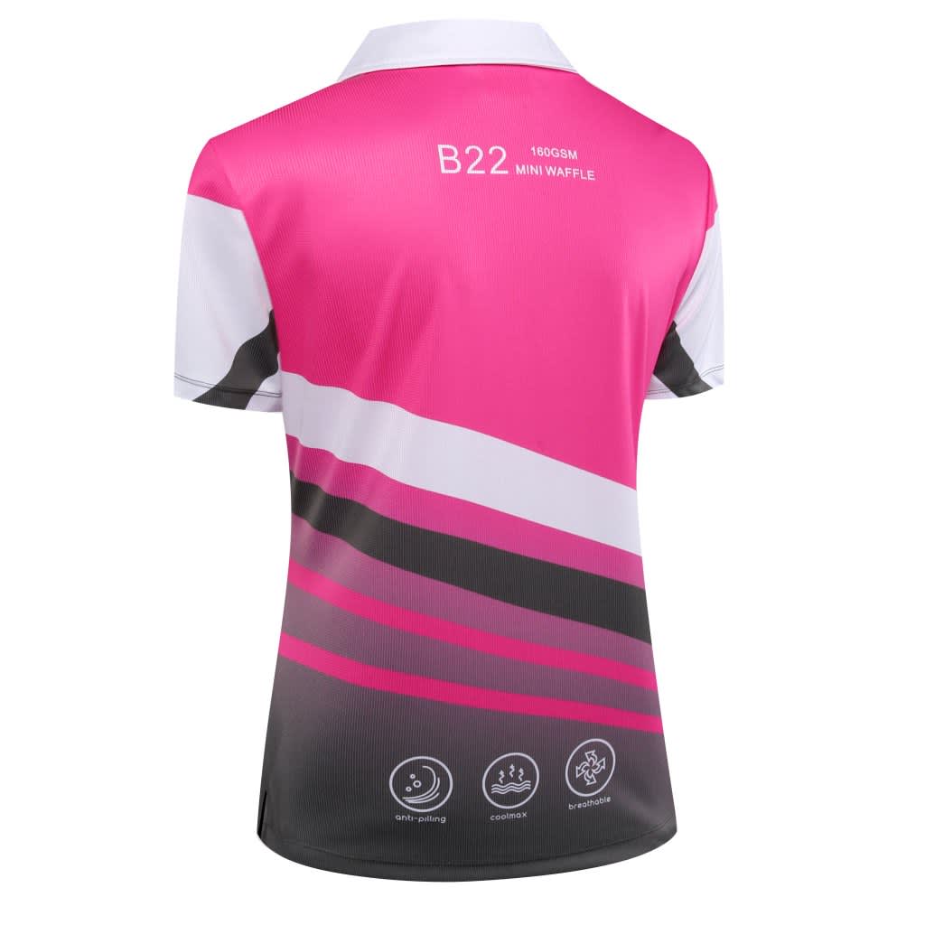 A women's polo shirt in pink, grey, and white with a stylish striped design and a logo on the back.