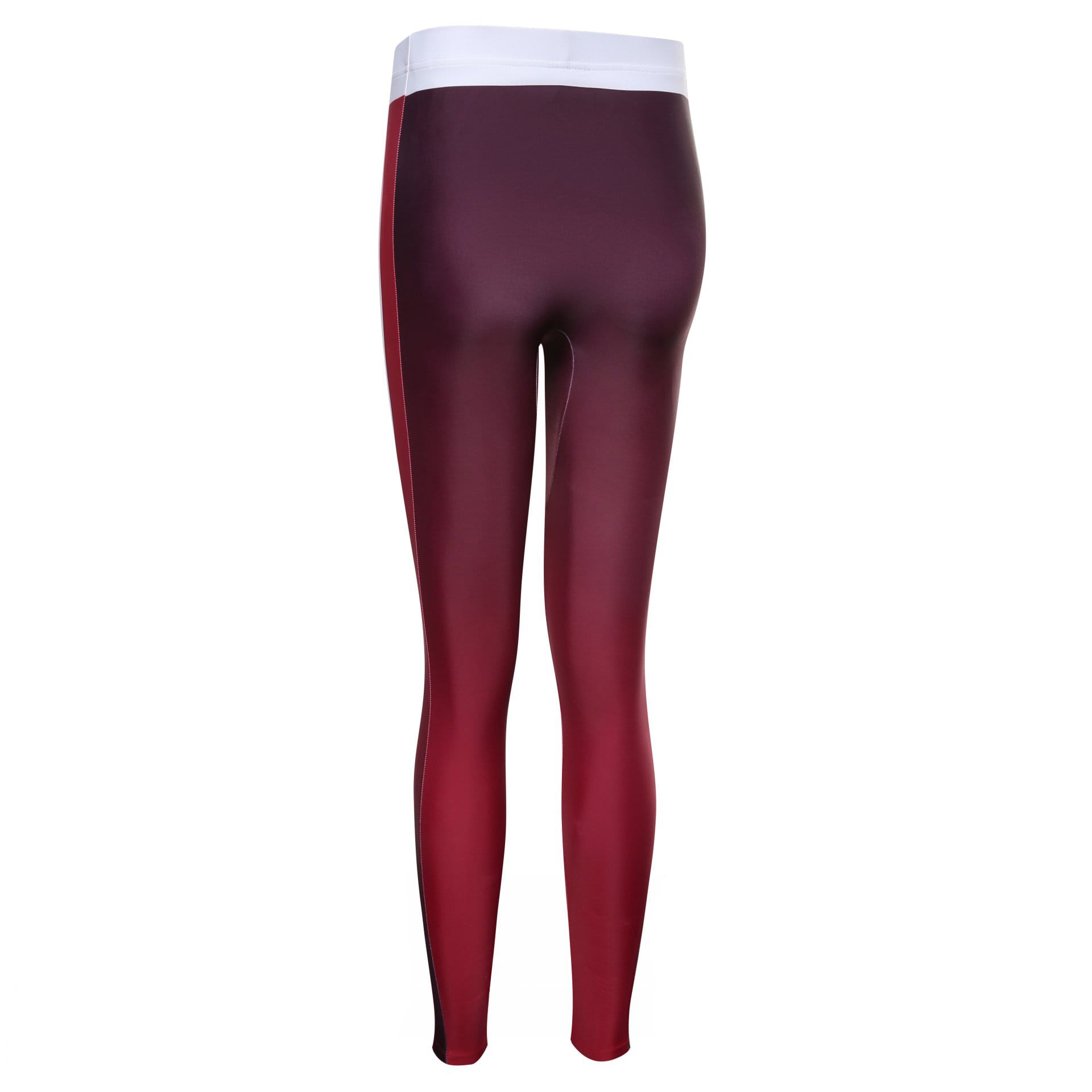 Tight track pants in a gradient of deep red and burgundy, featuring a white waistband and a logo.