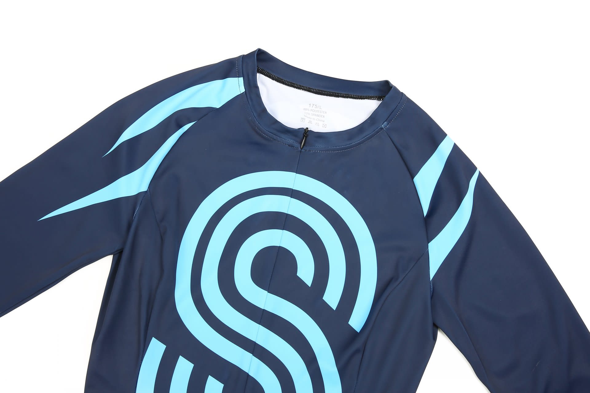 A navy blue speed skating suit featuring light blue accents and a logo on the front.