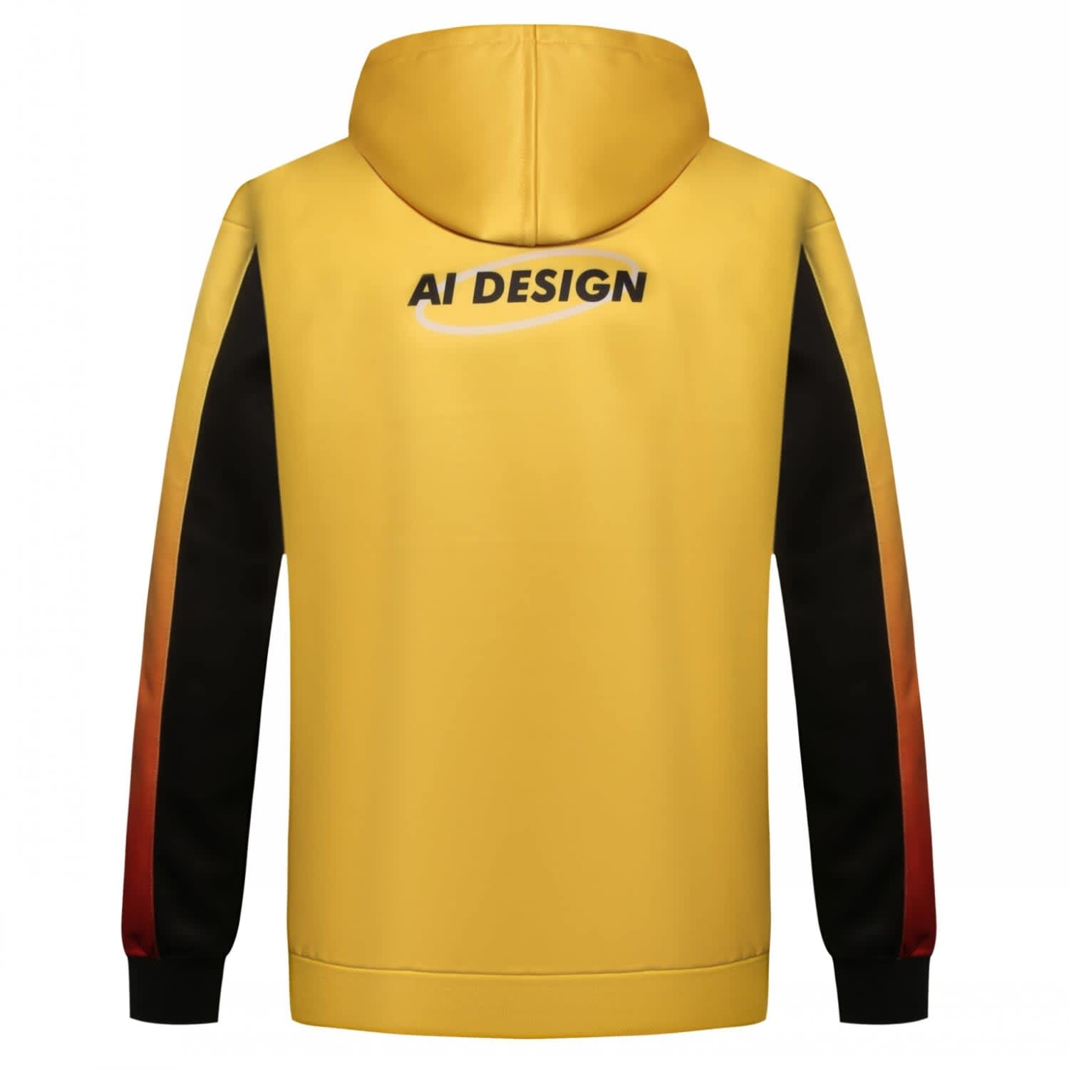 A yellow hoodie featuring black and red sleeves, with a logo on the back.