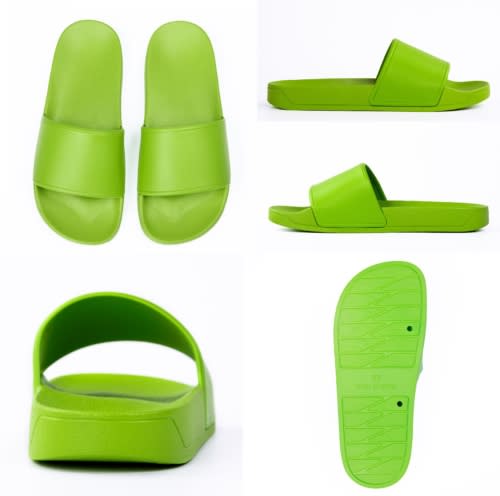 Green slippers displayed from different angles, featuring a smooth design and a textured sole.