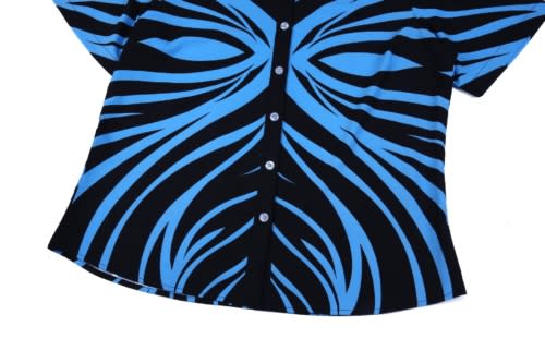 A black shirt with blue swirling patterns and buttons down the front, featuring a distinctive design.