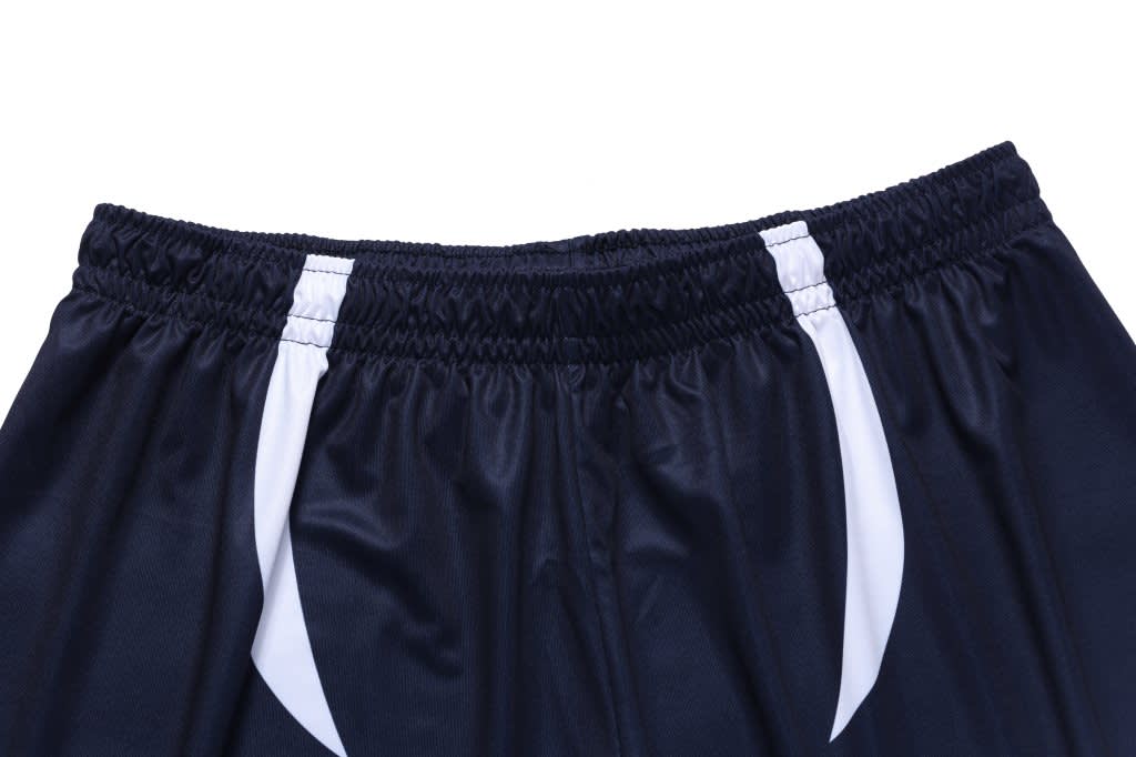 Custom shorts in navy blue with white accents, featuring an elastic waistband and logo placement.