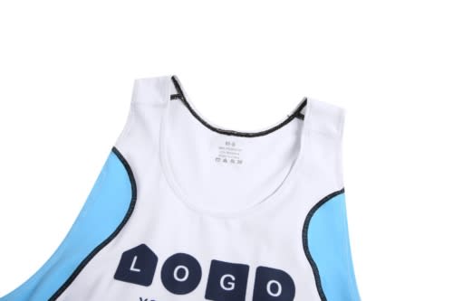 A white rowing uniform suit with light blue accents and a logo on the front, featuring a sleeveless design.