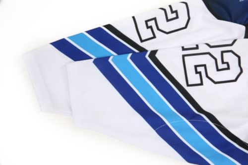 A white and blue ice hockey jersey featuring stripes and a number, with a logo on the sleeve.