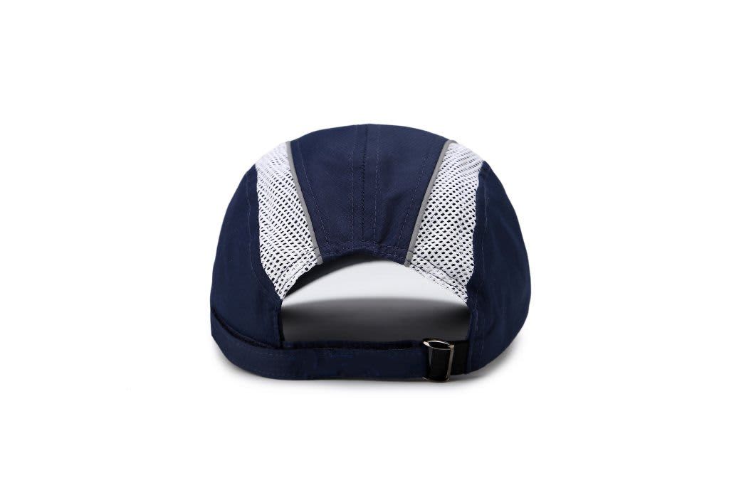 A navy sport mesh running cap with white mesh detailing and an adjustable strap at the back.