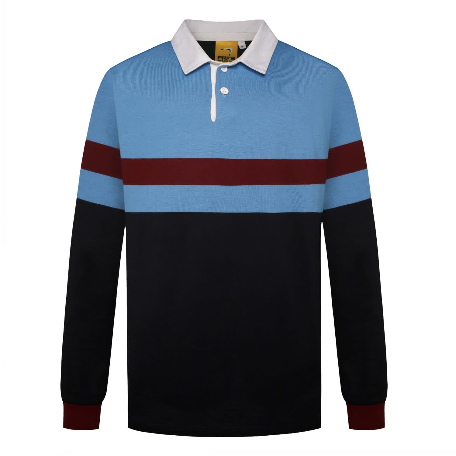 A sports jumper in blue, maroon, and black, featuring a collared neckline and long sleeves. It has a logo.