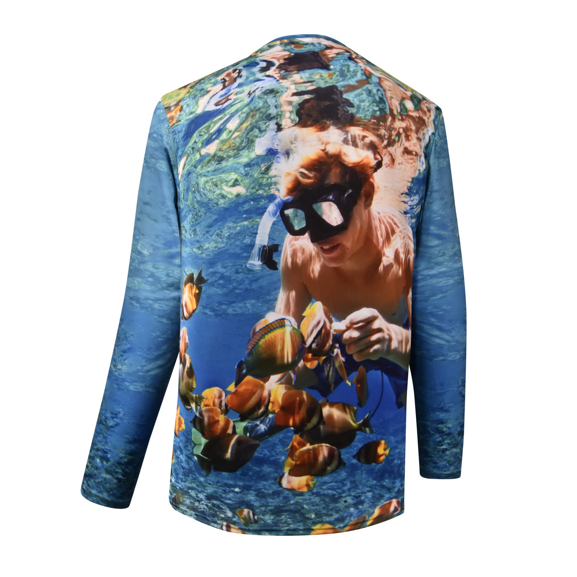 A long-sleeve T-shirt featuring a vibrant underwater scene with a snorkeler and colourful fish, primarily in blue and orange hues.