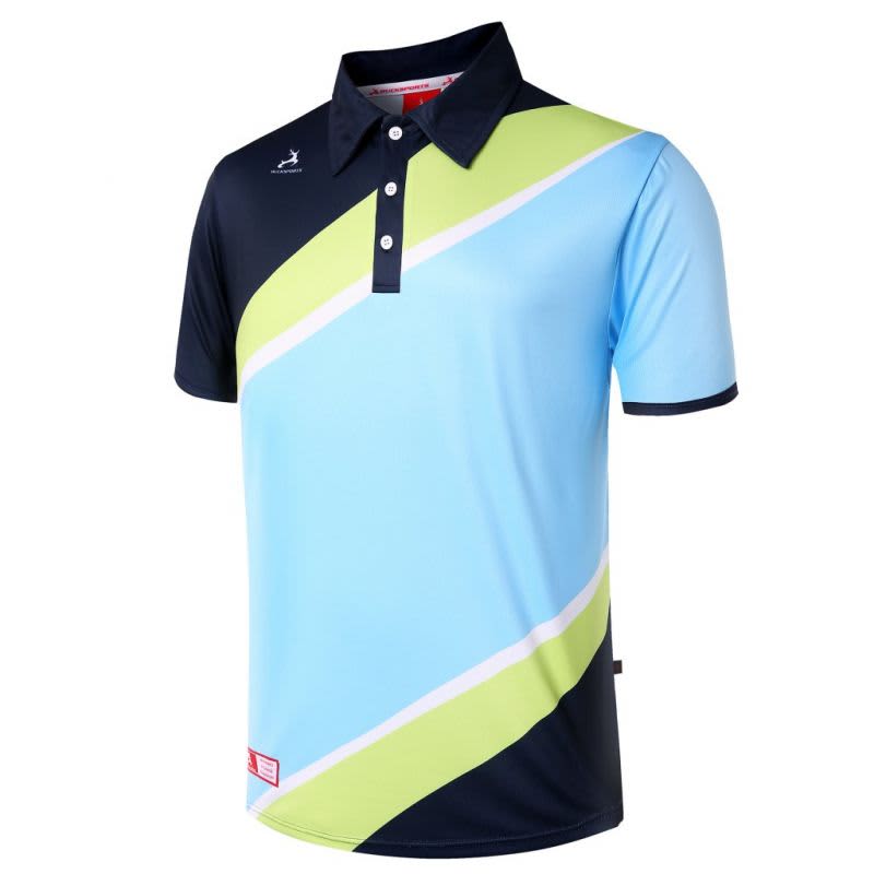 A stylish women's polo shirt featuring a blue and green design with a black background and a logo on the chest.