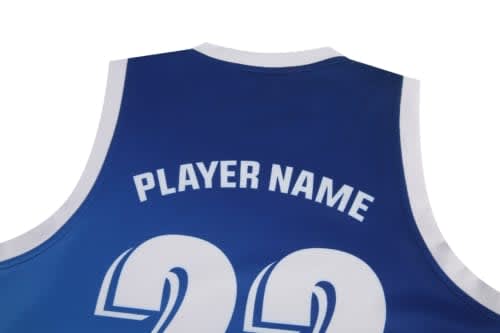 Blue sports jersey featuring a white neckline and large white numbers on the back, with a placeholder for a player's name.