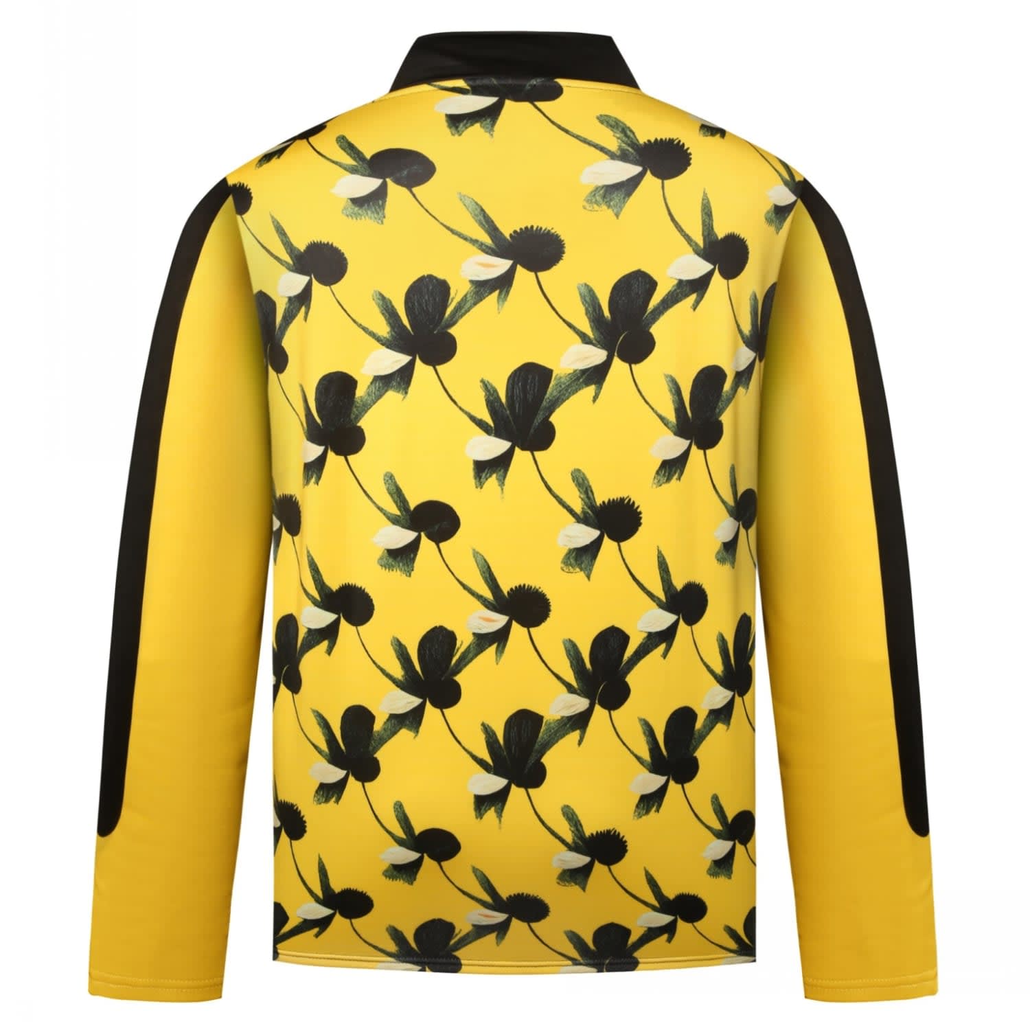 A long-sleeve pullover in vibrant yellow, featuring a floral pattern, with black accents and a logo on the collar.