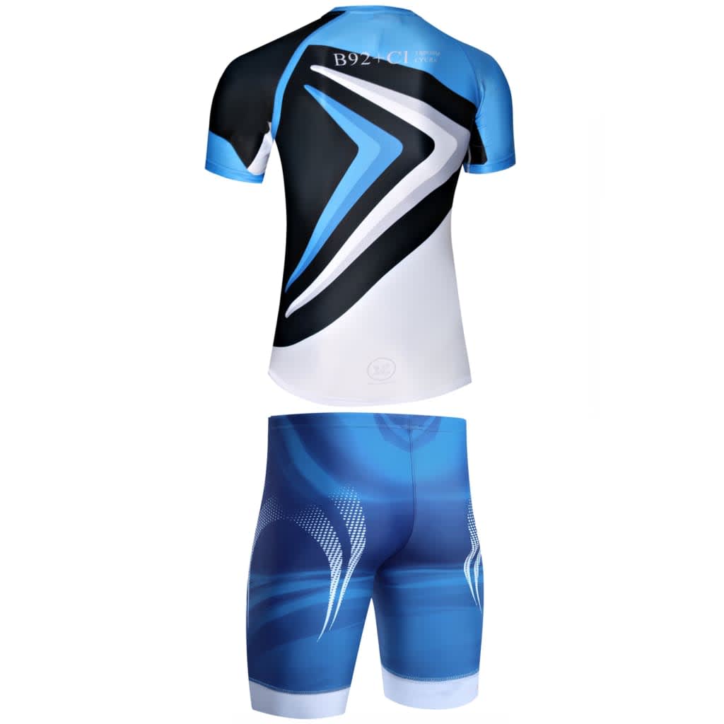 A blue and black sports uniform with a sleek design, featuring a logo, includes a short-sleeve top and matching shorts.