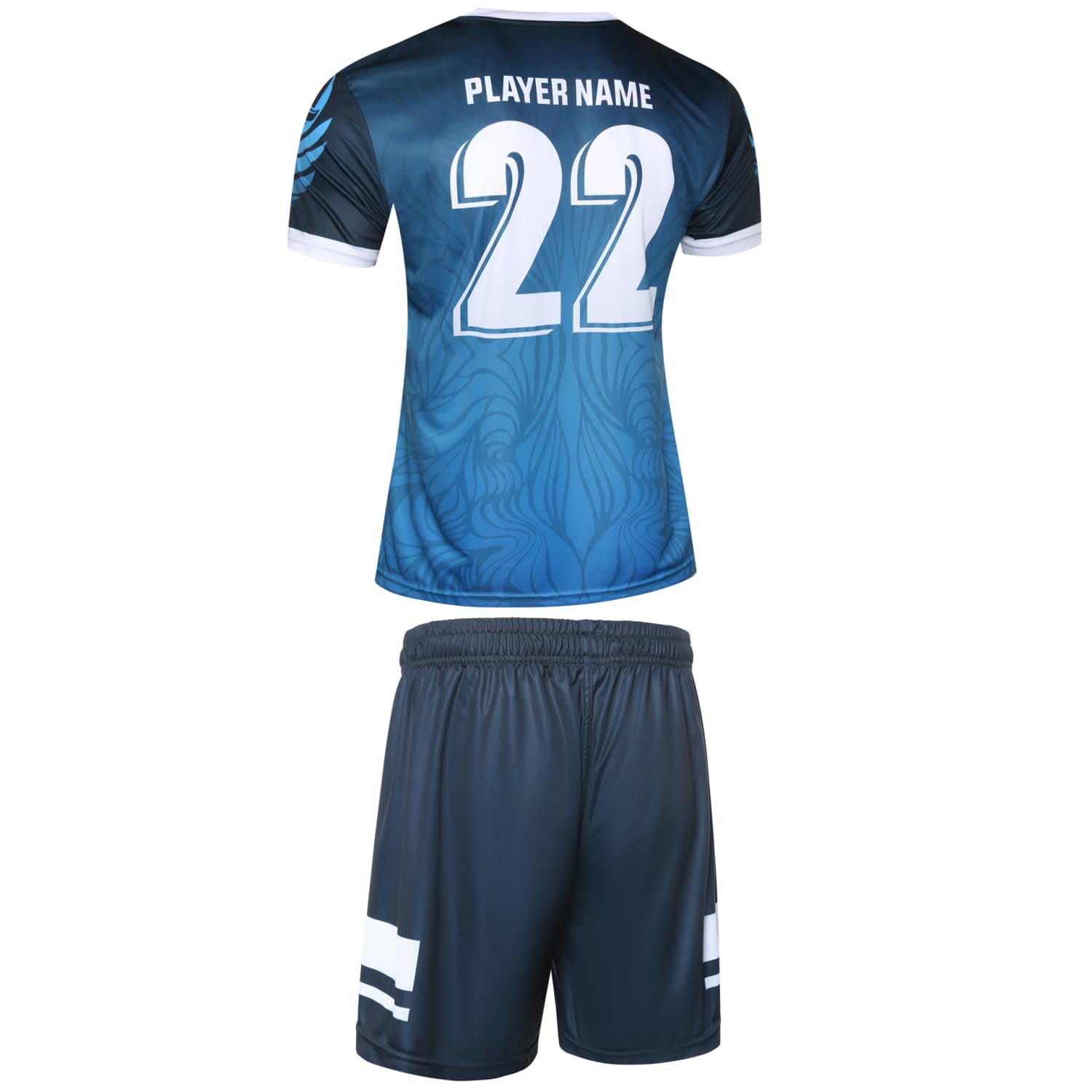 A blue volleyball uniform featuring a jersey with a gradient design and matching shorts, both with a logo.