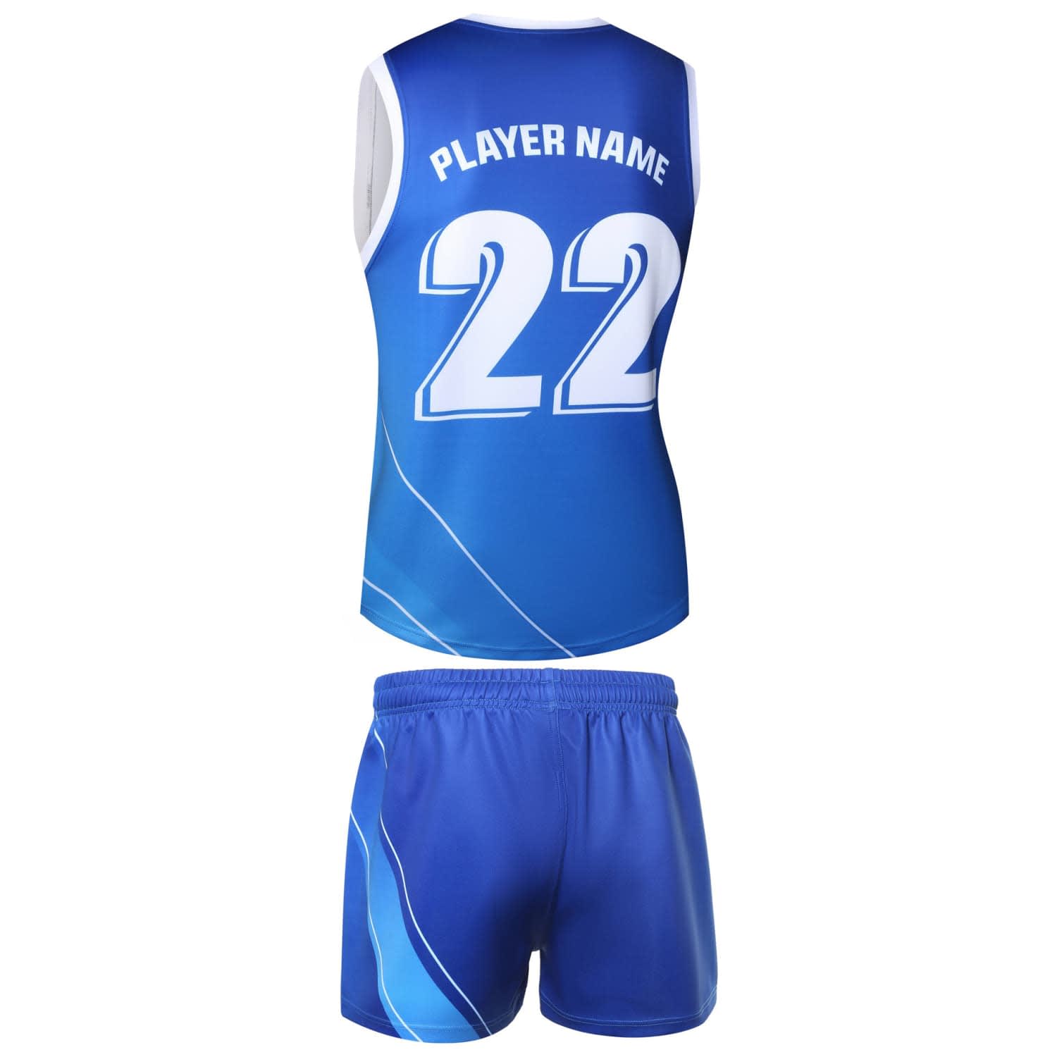 A blue sports uniform featuring a sleeveless jersey and matching shorts, with a logo and player number.