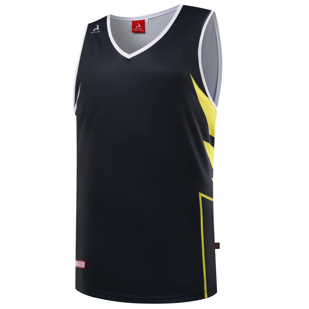A black PLAYER SINGLET with yellow accents and a logo. It has a V-neck design and a sleeveless style.