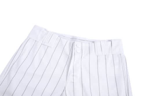 A white baseball uniform featuring vertical pinstripes, with a button closure and waistband. It includes a logo.
