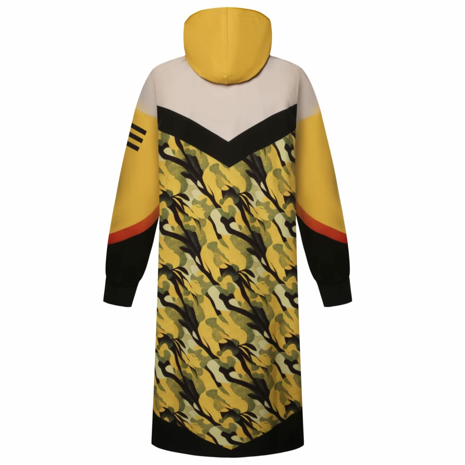 A jacket with a yellow hood, featuring a camouflage pattern in greens and blacks, with black and red accents.