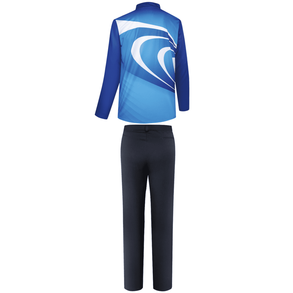 A blue lawn bowling uniform featuring a long-sleeve top with a swirl design and dark navy trousers.