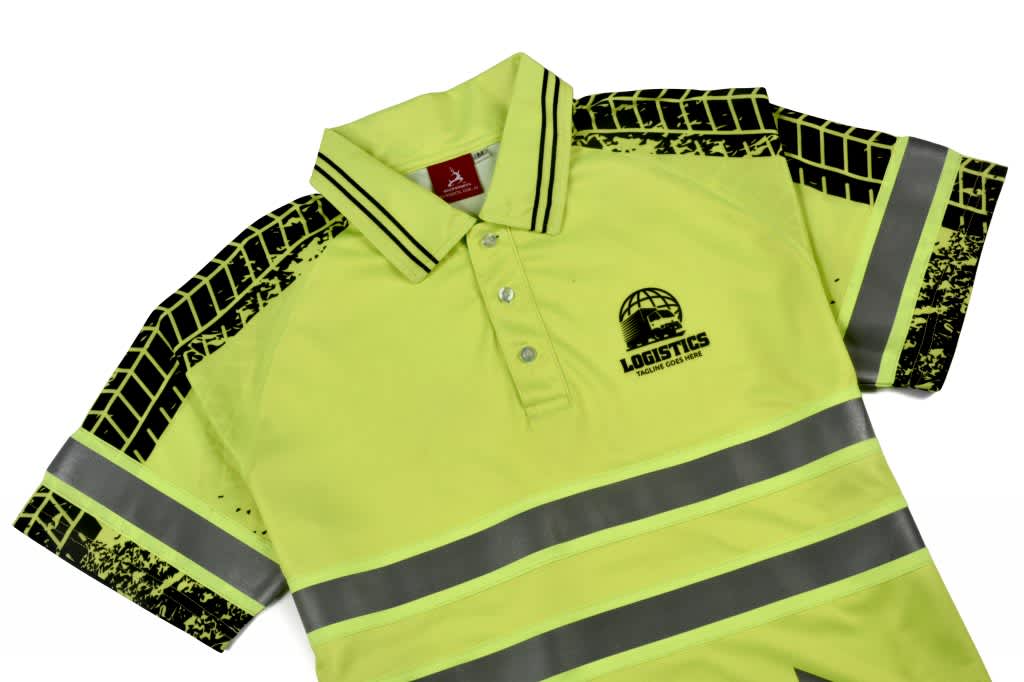 Hi-Vis reflective polo in bright yellow with black detailing and a logo. Features stripes and a collar.