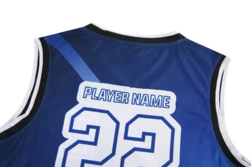 A blue basketball jersey featuring a large number "22" and a space for a player's name, with a contrasting black trim.
