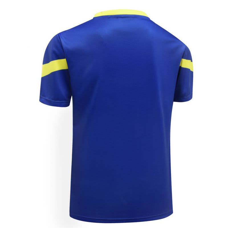 A blue T-shirt featuring yellow stripes on the sleeves and a logo on the back.