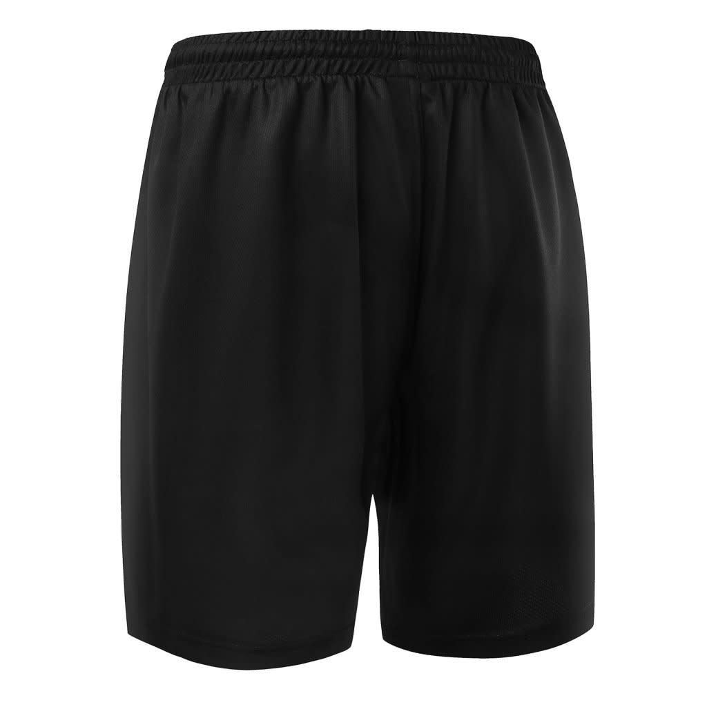 Black basketball shorts featuring a comfortable elastic waistband and a logo on the side.