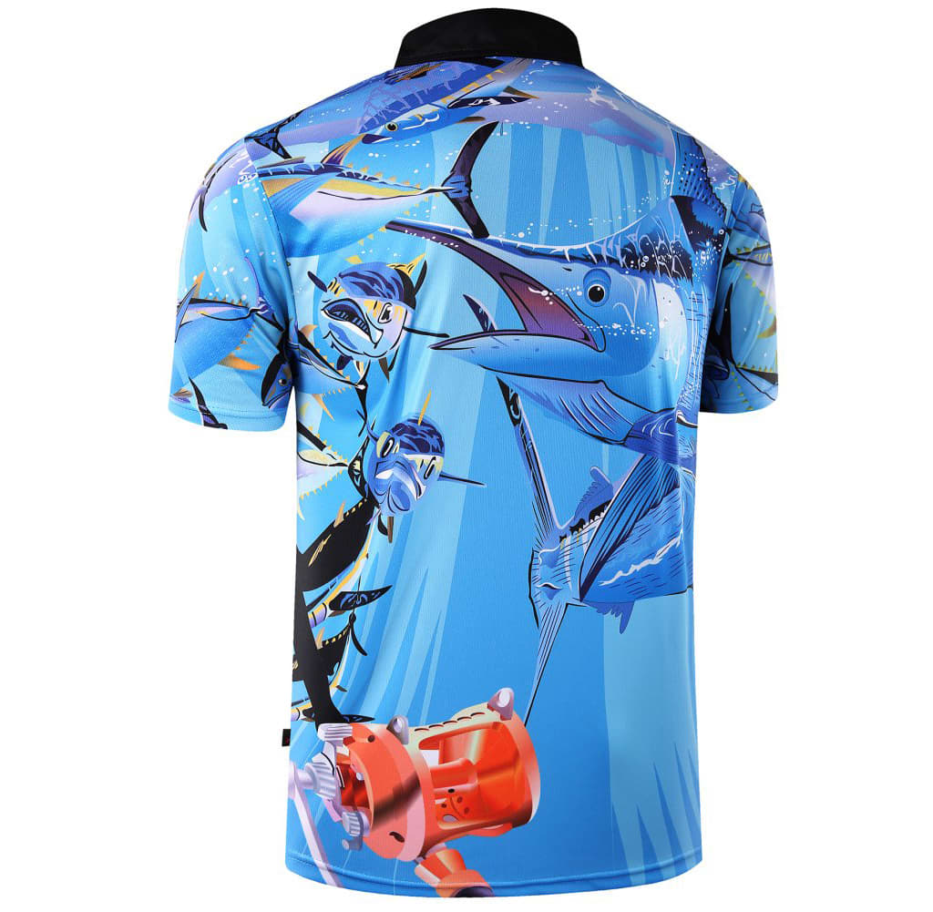 A blue polo shirt featuring a vibrant fishing-themed print, with a design of fish and fishing gear. It has a logo.