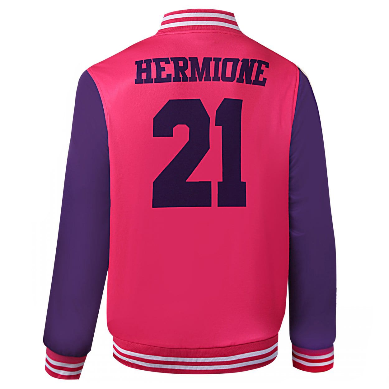 A pink and purple varsity jacket featuring a name on the back and a number, with striped cuffs and collar.