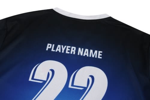A black and blue sports jersey featuring a white collar and a number "22" on the back, with a logo present.