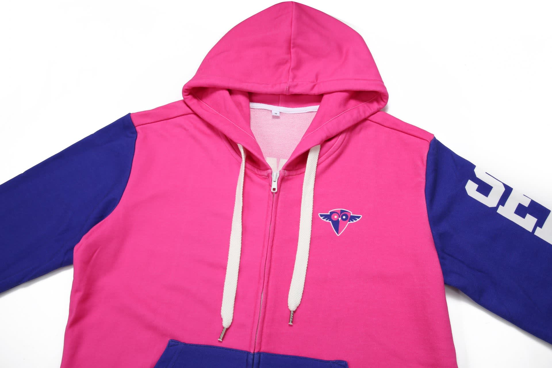 A pink and blue school cotton hoodie with a logo and contrasting sleeves.