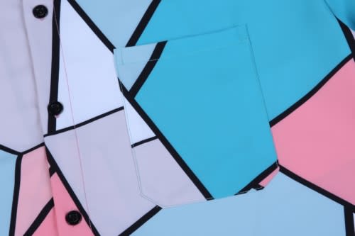 A colourful, geometric-patterned shirt featuring shades of blue, pink, and white with a chest pocket.