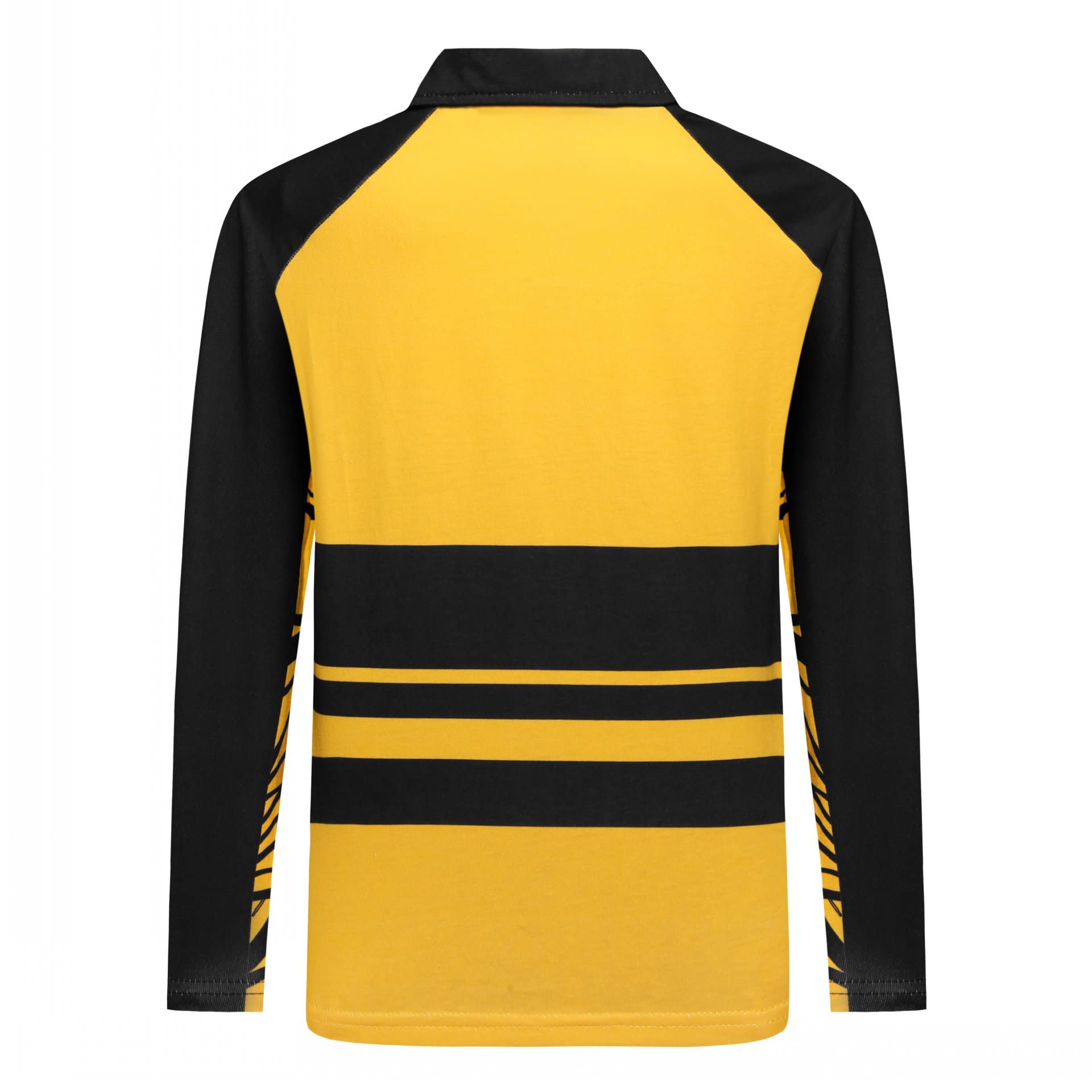 A yellow and black Hawaiian shirt featuring a striped design with a collar and long sleeves. It has a logo on it.