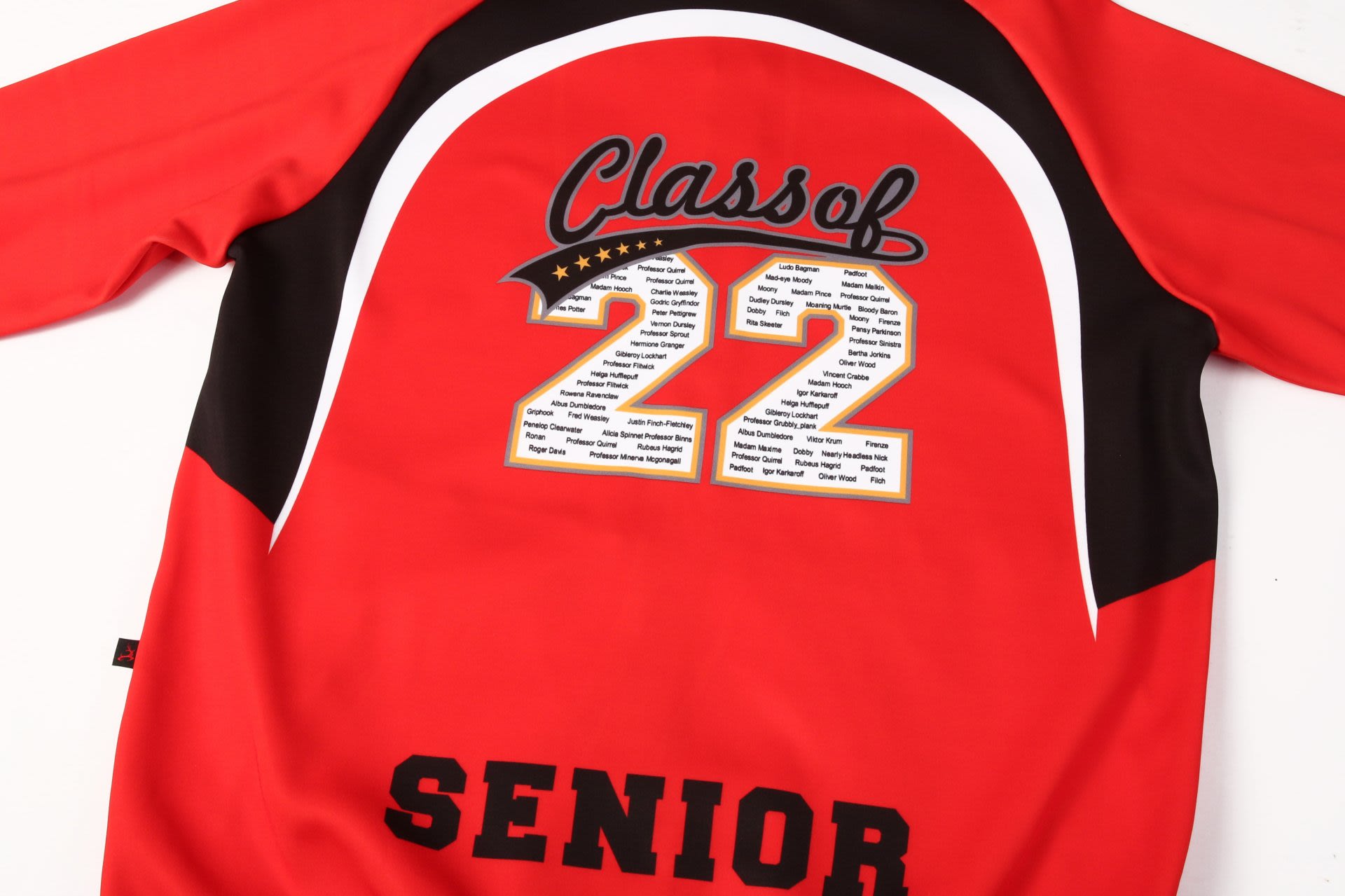 A red sports hoodie featuring black accents and a large "Class of 22" design on the back.