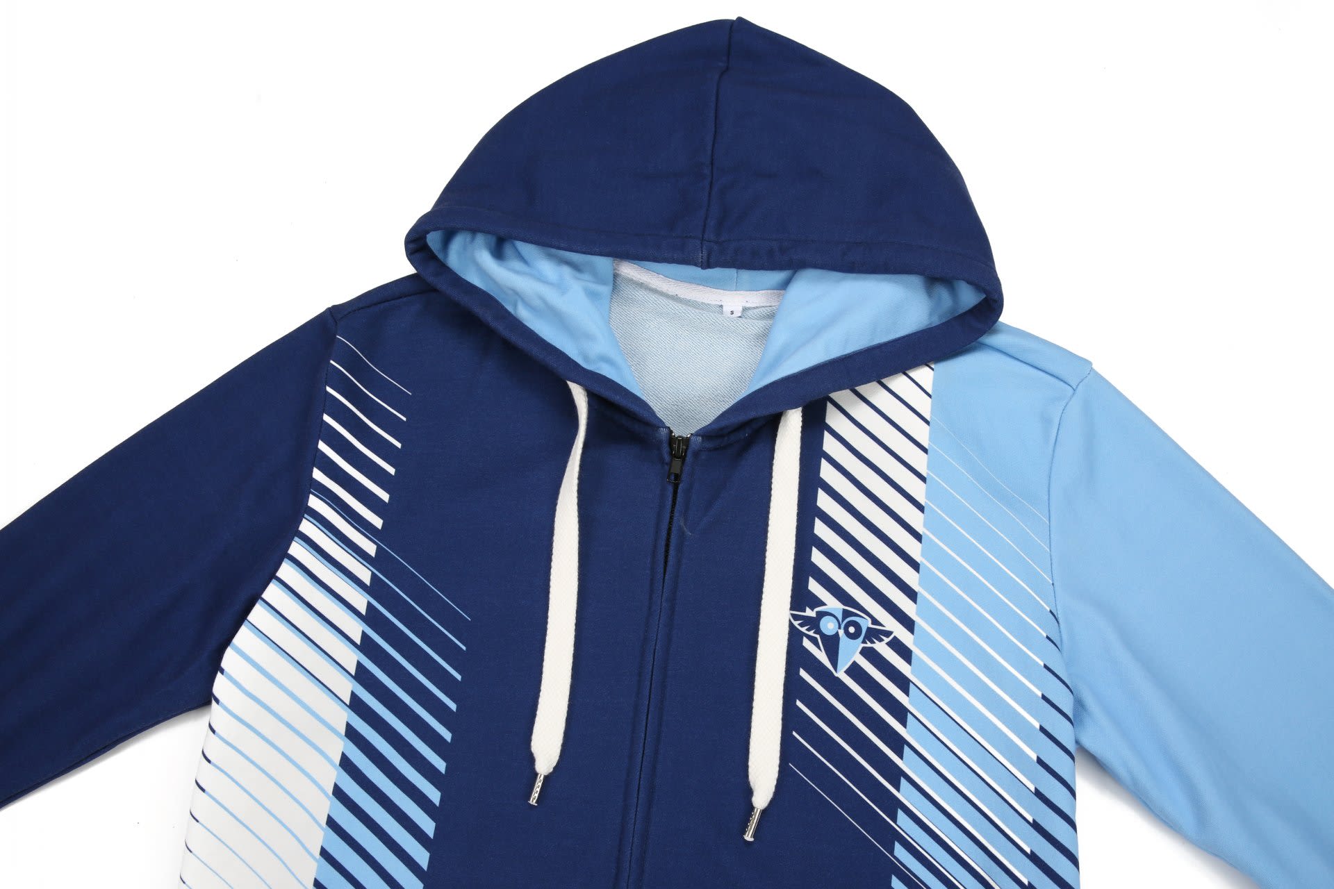 A navy and light blue hoodie with a zip, featuring a hood and a diagonal stripe design. It includes a logo.