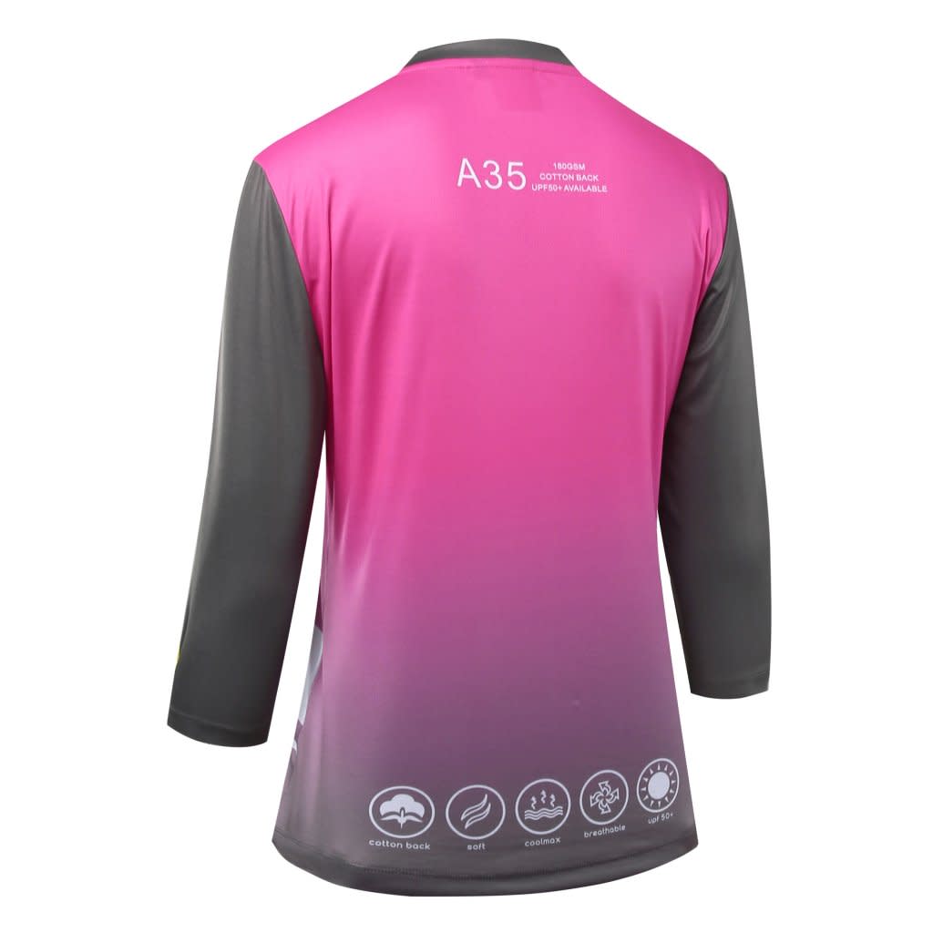 A long-sleeved sports team t-shirt featuring a gradient design from pink to grey, with a logo on the back.