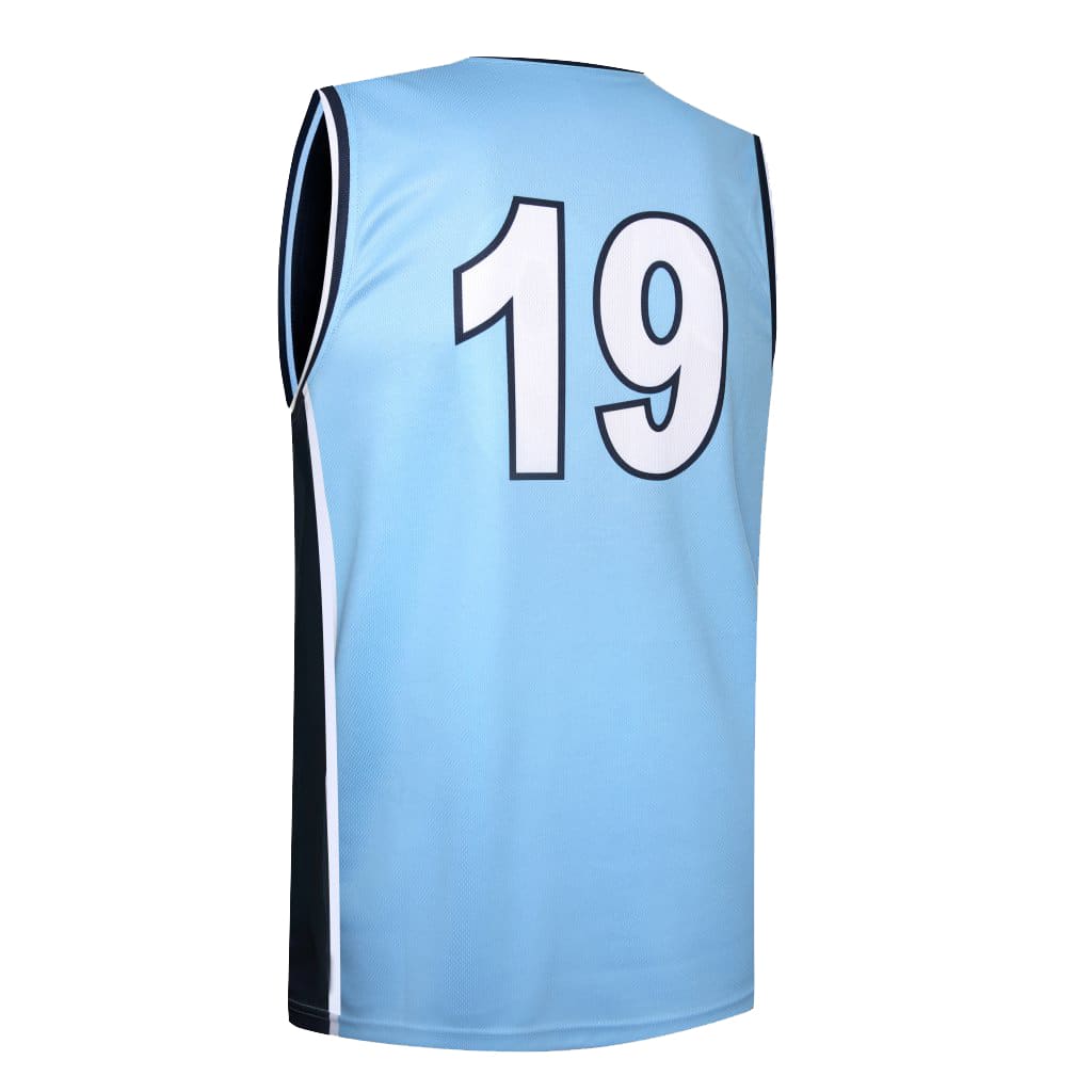 A reversible basketball top featuring a light blue colour with black accents and the number 19 on the back.