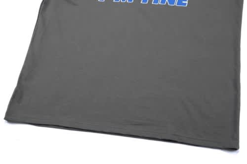 A grey cotton t-shirt featuring a logo on the front, showcasing a classic crew neck design.