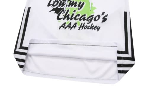 A white ice hockey racing suit featuring black detailing and a logo at the chest area.