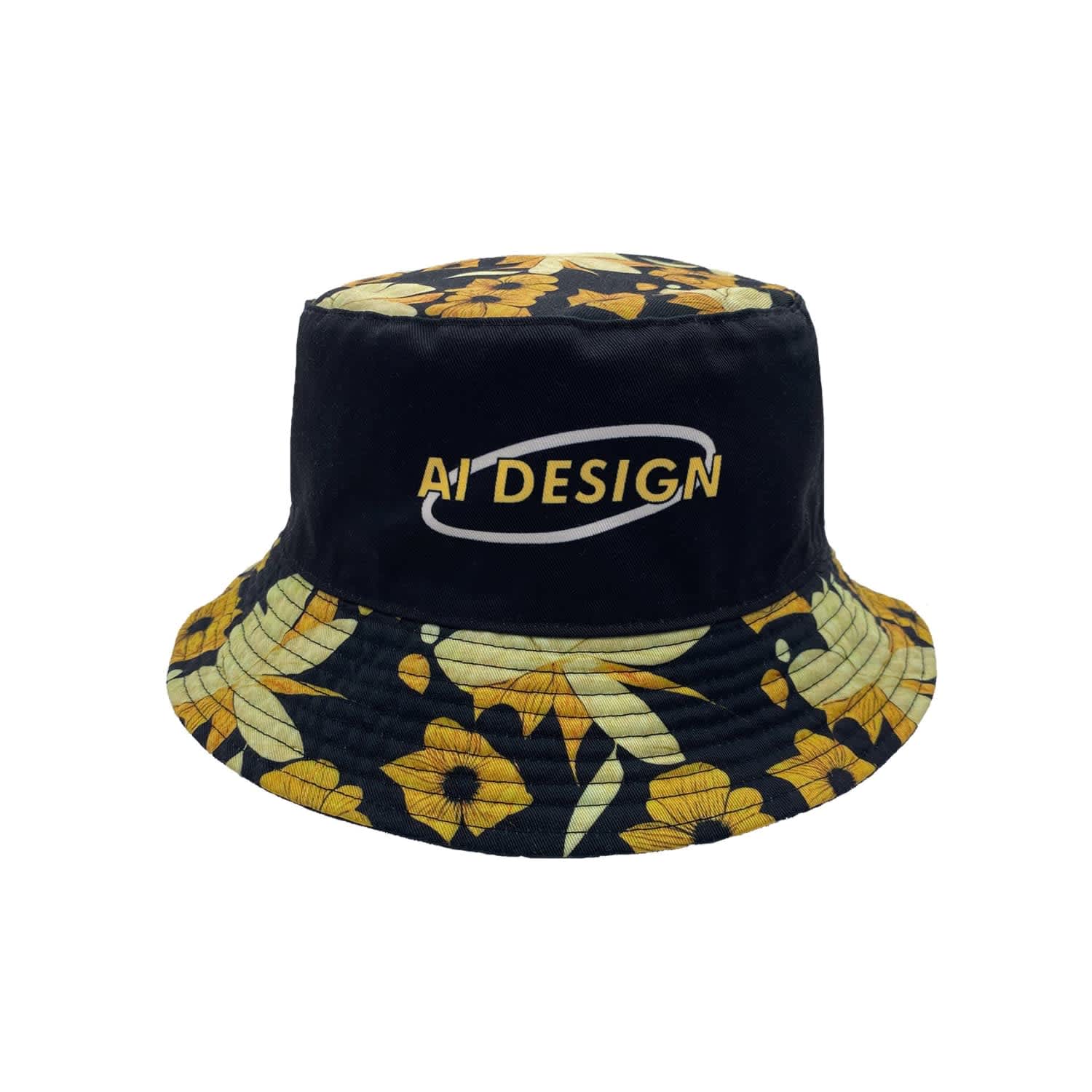 A floral bucket hat in black and yellow featuring a logo. Suitable for casual outdoor wear.