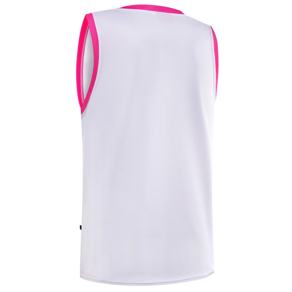 AFL singlet in white with pink trim, featuring a logo. The back view displays a sleeveless design.
