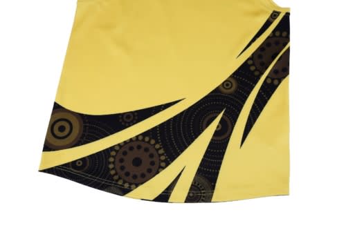 A yellow sports vest with a black and brown abstract design. It features a logo on one side.