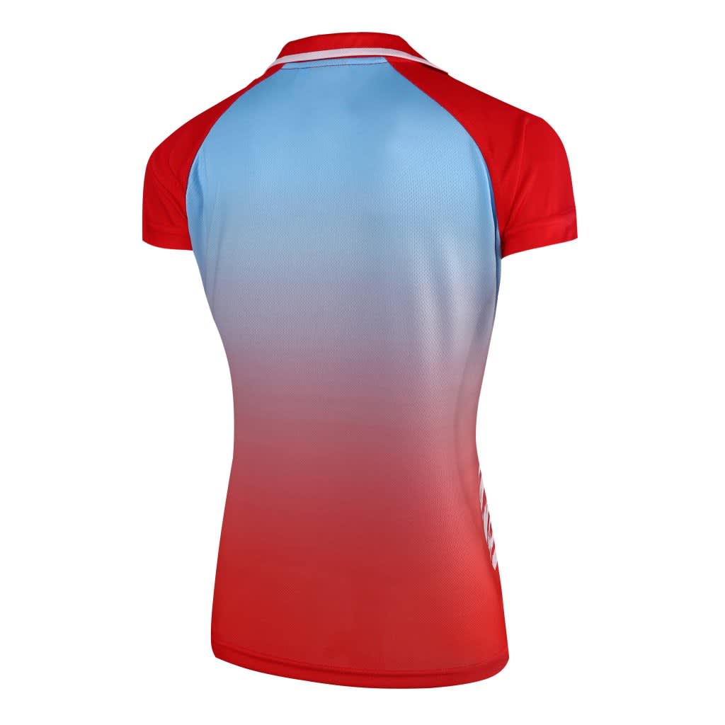 A women's tee featuring a gradient design in red and blue with short sleeves and a logo.