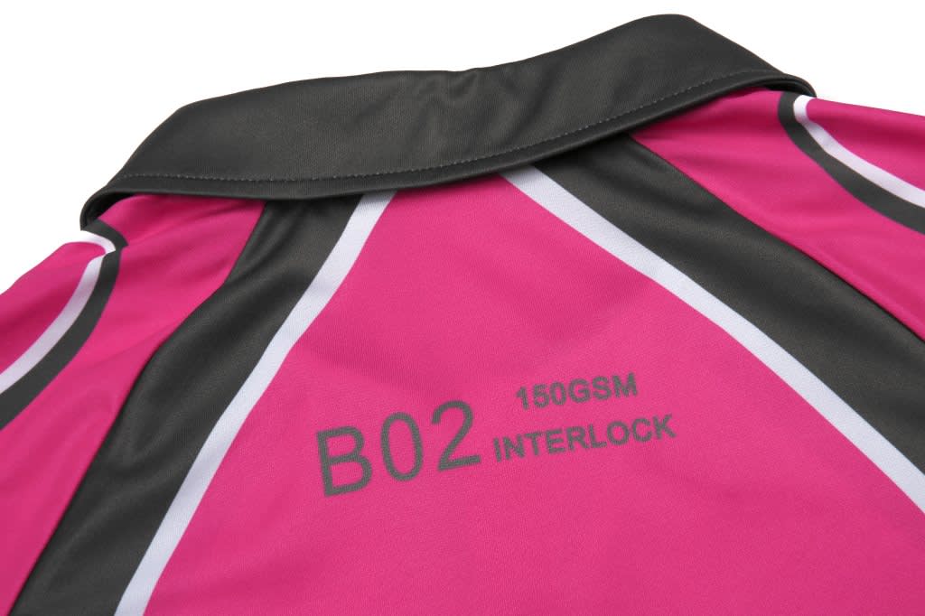 A pink and black sublimated polo shirt featuring a collar and contrasting stripes. It has a small logo on the back.