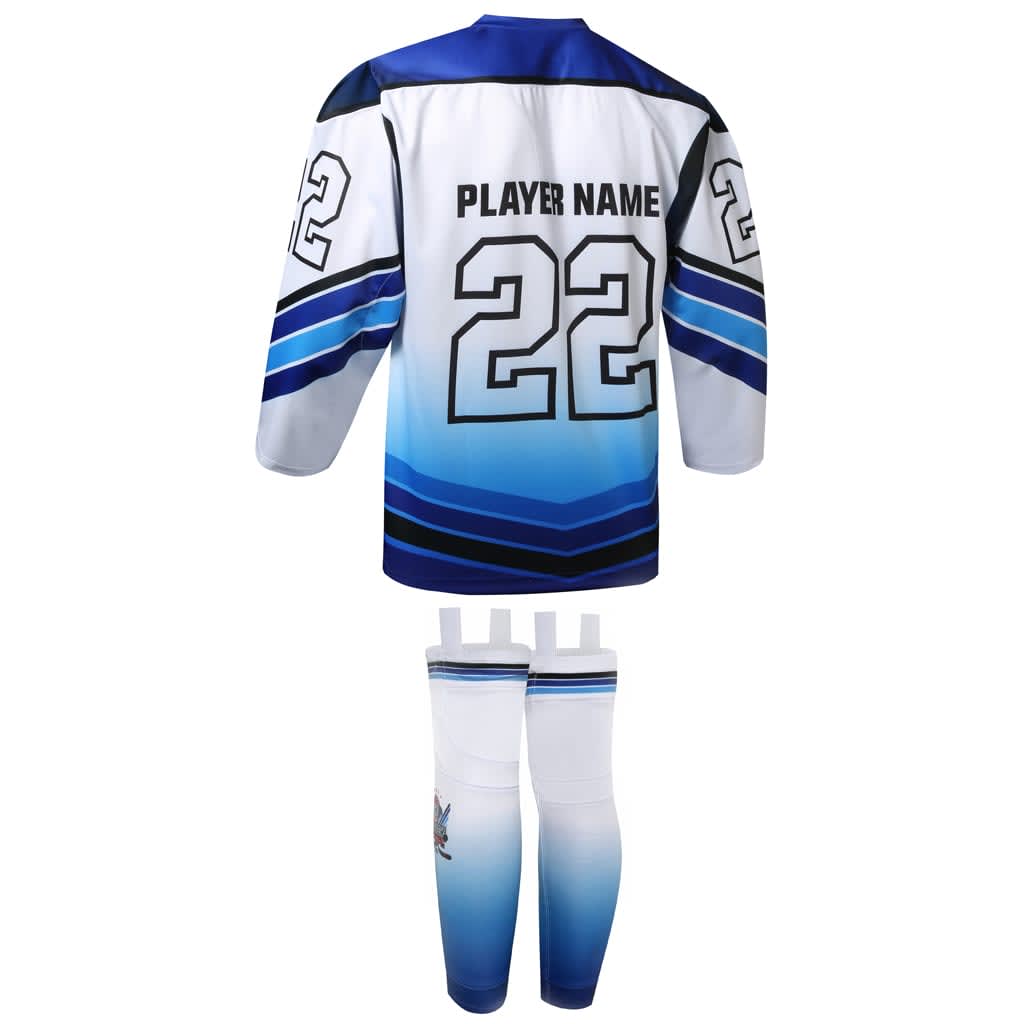 An ice hockey uniform kit featuring a blue and white jersey with a logo and matching leggings.