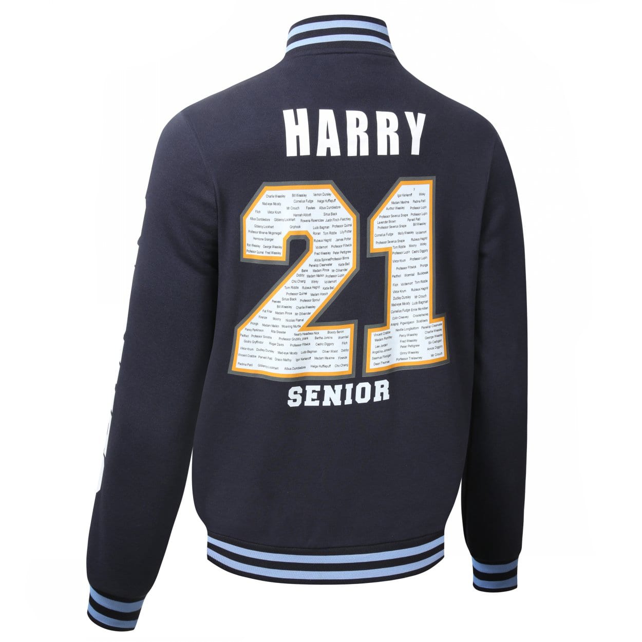 A navy baseball jacket featuring "21" and "SENIOR" on the back, with a logo and striped detailing.
