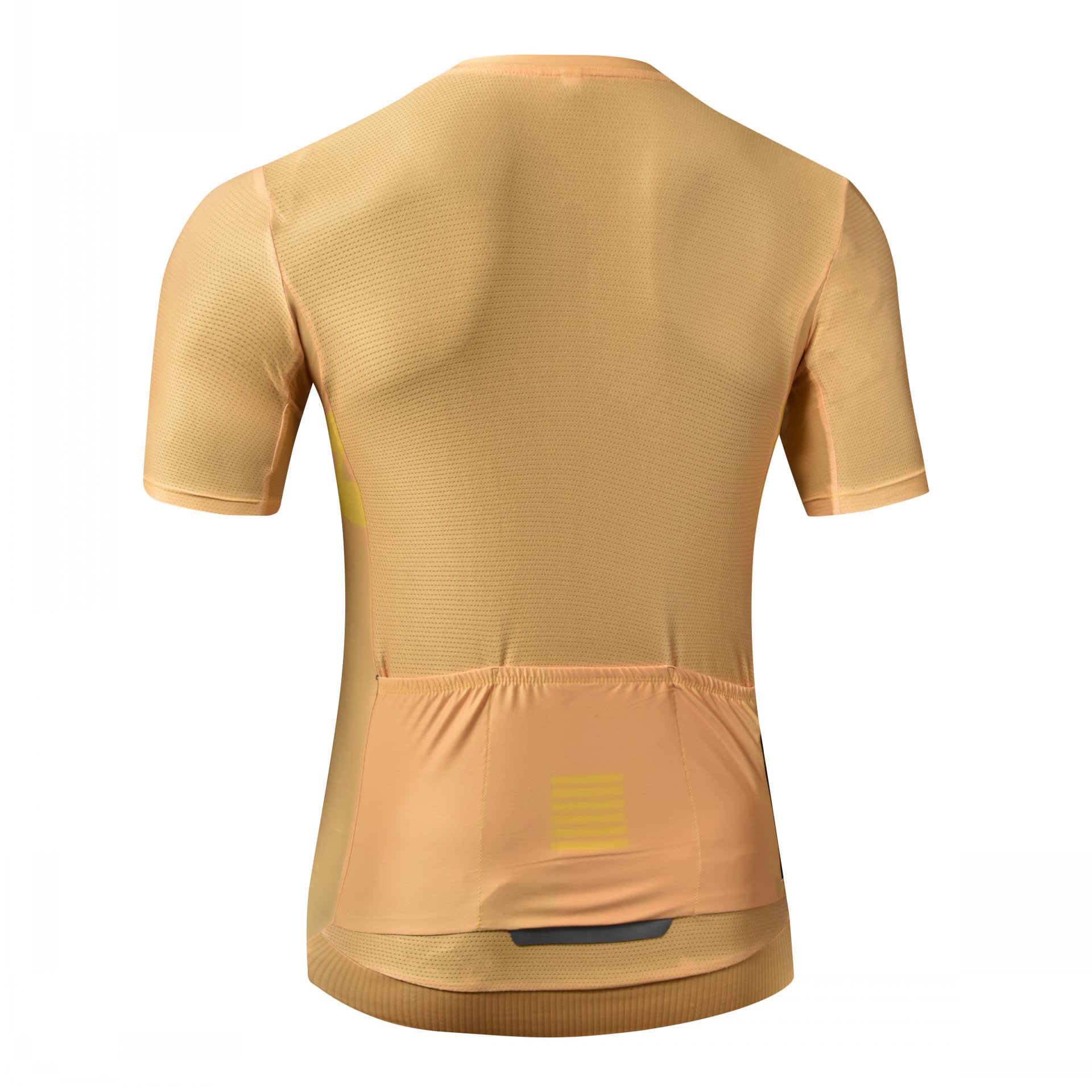 A short-sleeved cycling jersey in a light orange colour with a textured fabric and a back pocket. It features a logo.