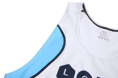 A white rowing uniform suit with blue accents and a logo on the front. Features a sleeveless design.