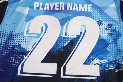 A cricket jersey featuring a blue gradient design with the number 22 prominently displayed. The jersey has a logo.