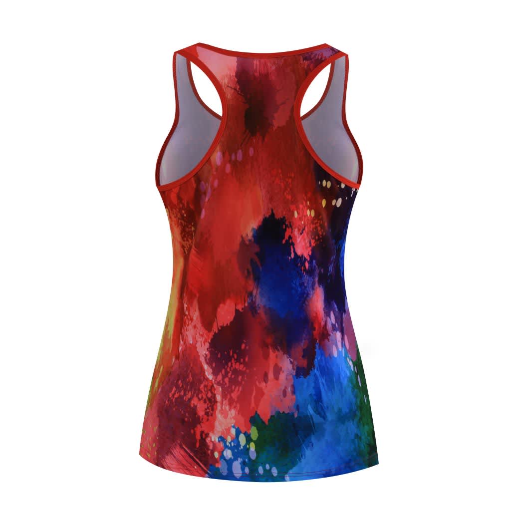 A vibrant, multicoloured fitness singlet with a racerback design and a logo on the back.